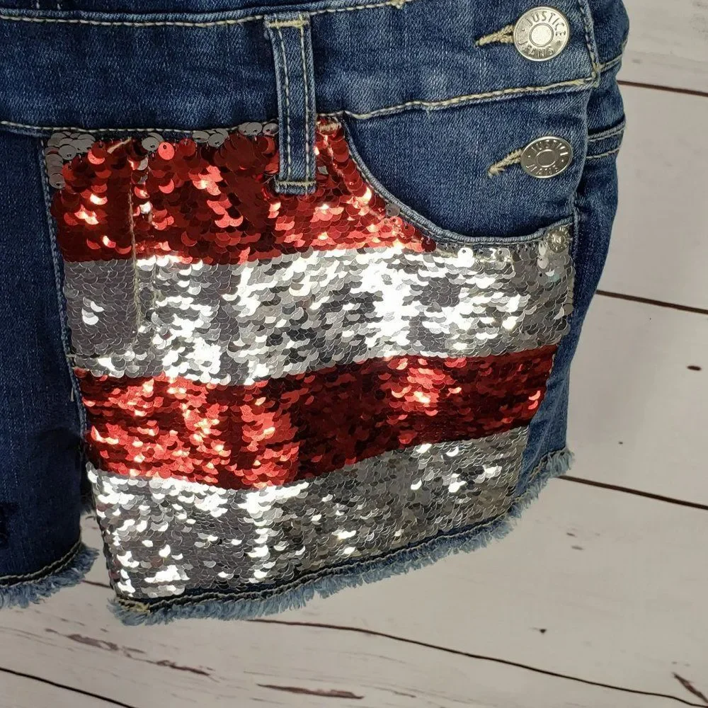 Justice Girl’s Denim Sequin American Flag Summer Shortalls Overalls Size‎ 12